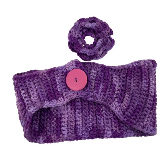Handmade Purple Crochet Flower Headwrap Knit Headband Winter Ear Warmer - Picture 8 of 12